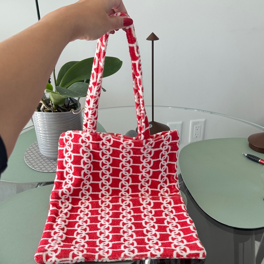 Kiton Napoli Red White Terry Cloth Beach Tote Bag Italian Luxury Resort Shopper